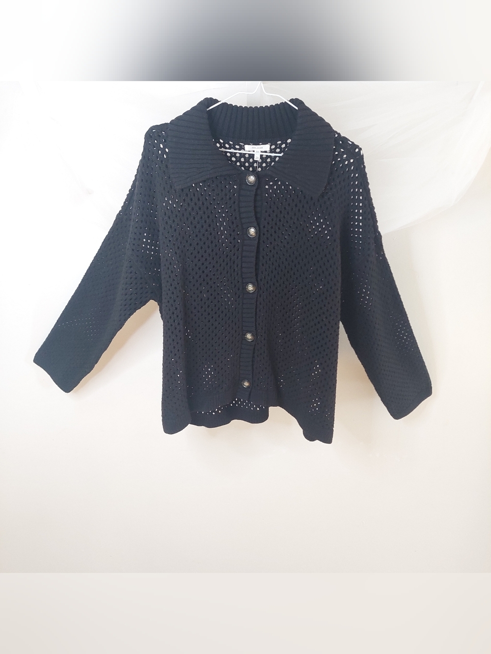 Maurices 2X Black Open Knit Crochet Cardigan Button Front Collared